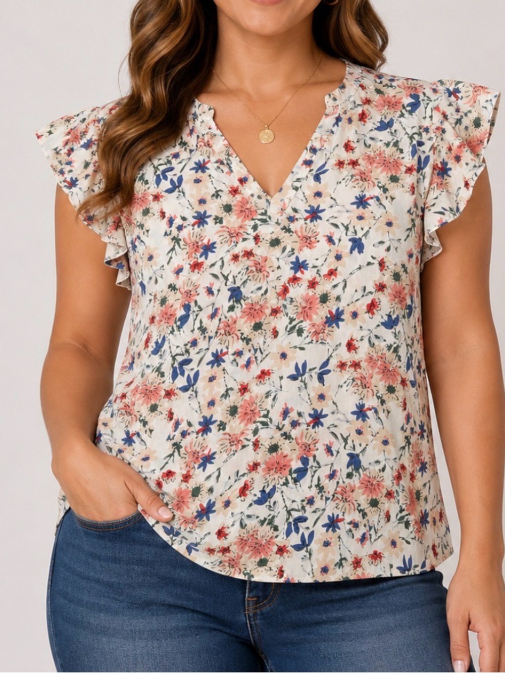 Floral V-Neck Flutter Sleeve Blouse - Cream with Coral & Navy Flowers SZ XL